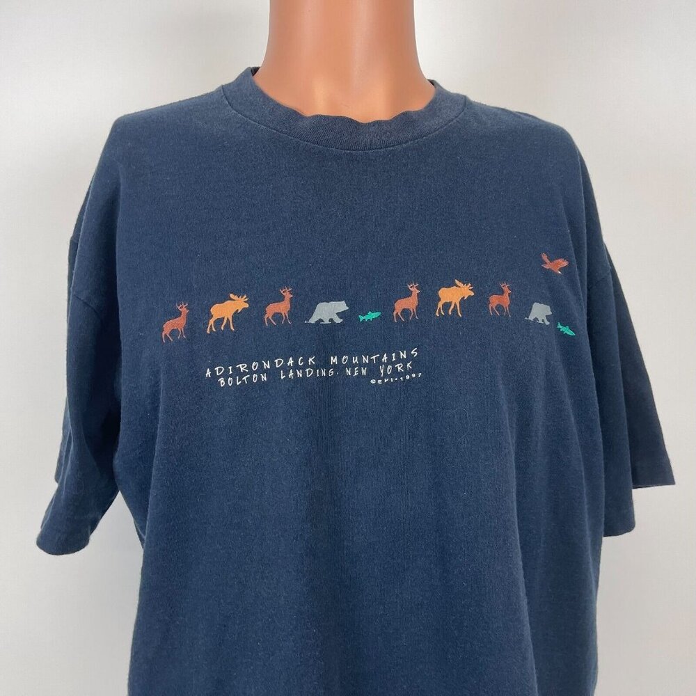 Adirondack Mountains Bolton Landing New York Moose Deer T Shirt Vtg 90s 1997 L